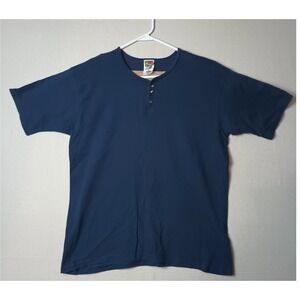 Vintage Women's Fruit of the Loom Henley Shirt Short Sleeve Top Basic Tee XL L‎